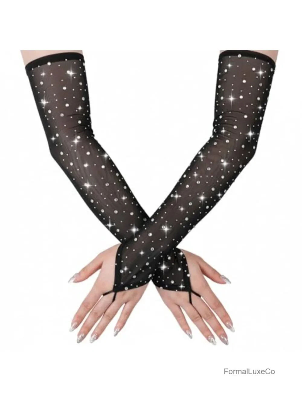 Sparkly Rhinestone Fingerless Long Mesh Gloves Elbow Length Tulle Glove